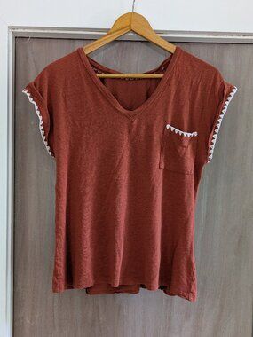 Bobeau Whipstitch Linen Blend Pocket Tee - Deep Rust  (Nordstrom)